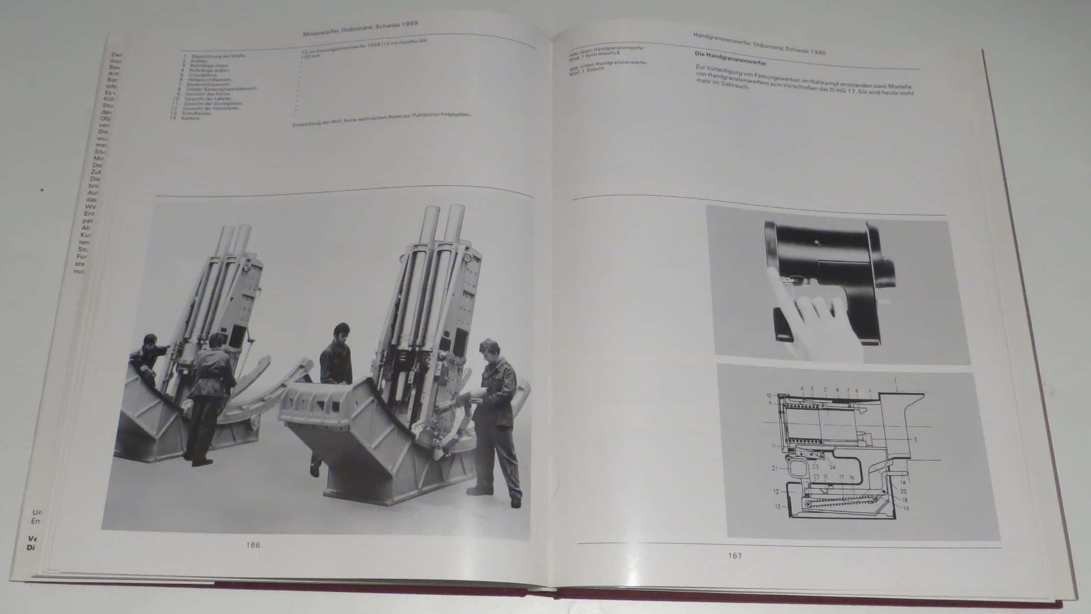 Links der 12cm Festungsminenwerfer 1959 der Waffenfabrik Bern. Scheint sehr geheim (gewesen?) zu sein. Rechts ein nicht sehr vertrauenserweckender Handgranatenwerfer um 1940.