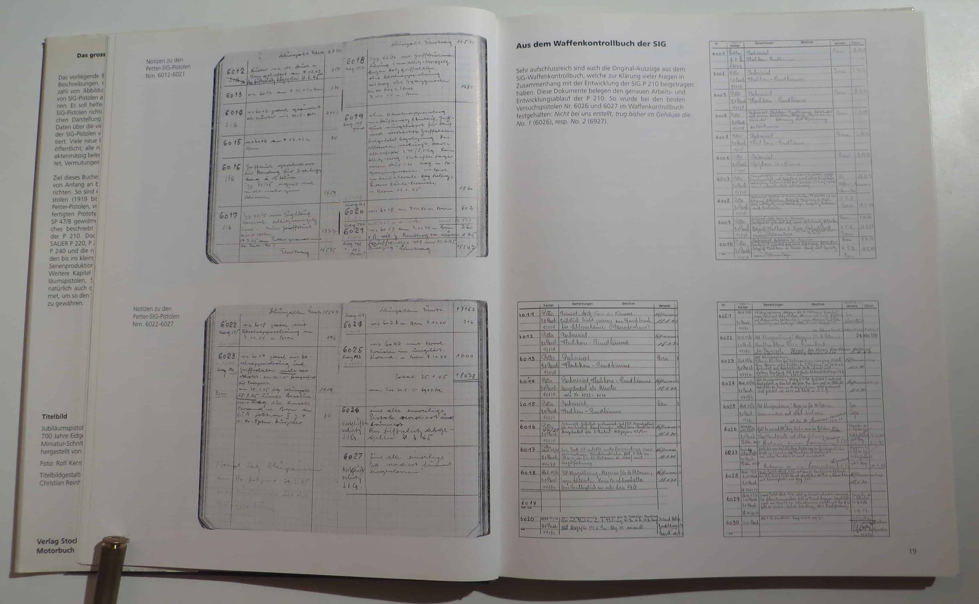 Auszüge aus dem Waffenkontrollbuch. Kaum lesbar, aber es soll sich um Erkenntnisse in der Entwicklung der P210 handeln.