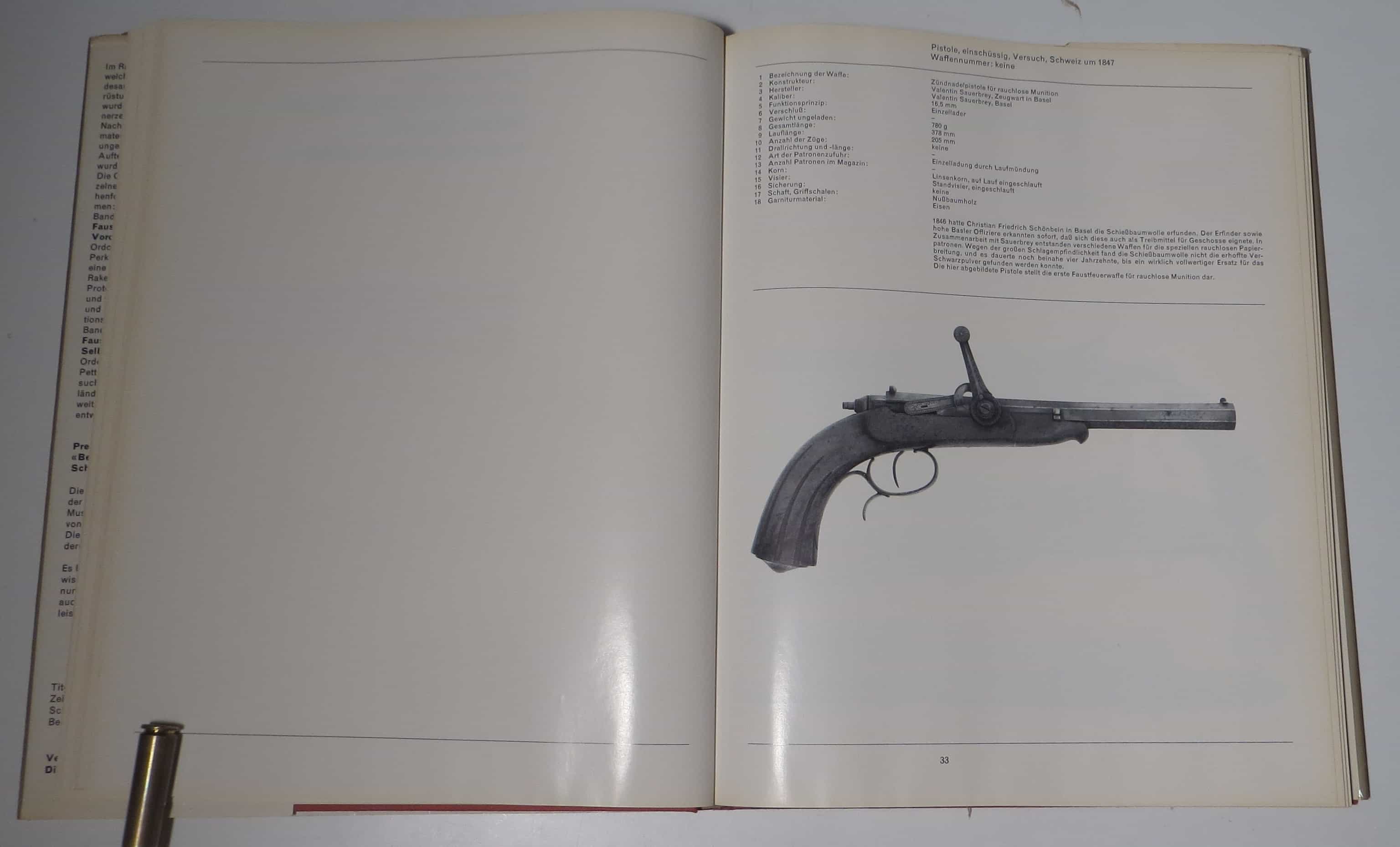 Zündnadelpistole für rauchlose Munition aus der Schweiz, 1847.