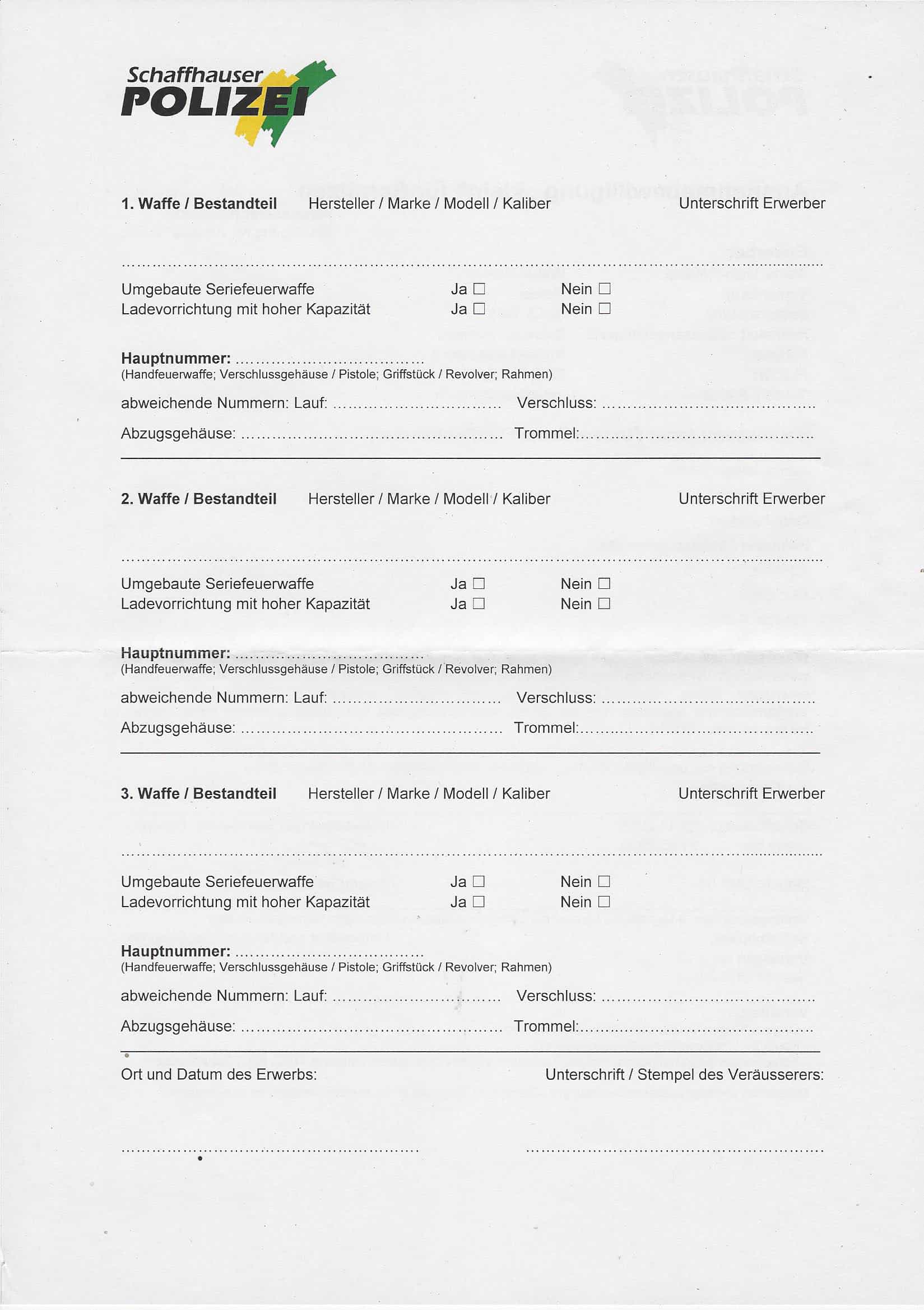 <strong>Ausnahmebewilligung klein (ABK) für Schützen (hinten)</strong>
Die Rückseite der ABK Schützen. Man beachte die detaillierteren Angaben im Vergleich zum WES.