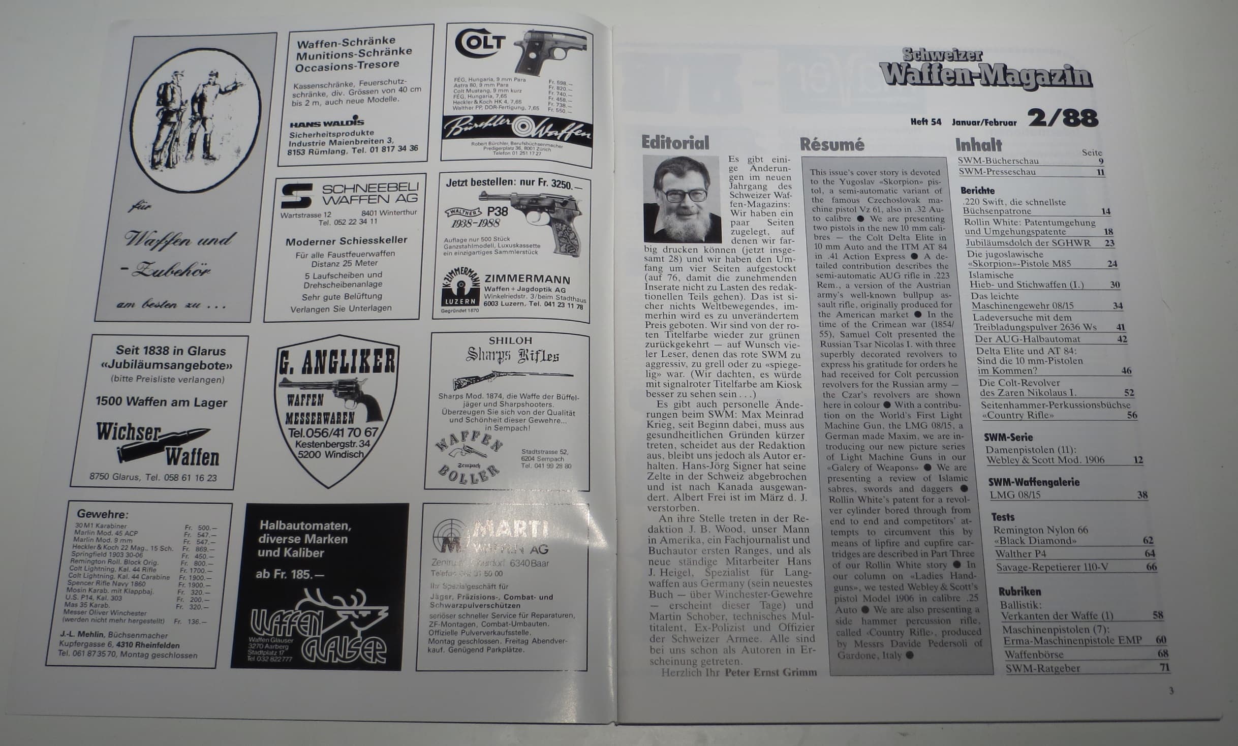 Im Editorial erwähnt Peter Ernst Grimm, dass jetzt ganze 28 Seiten farbig gedruckt werden können und die Gesamtseitenanzahl auf 76 hochgeschraubt wurde. Auch wurde wieder zur grünen Titelfarbe zurückgekehrt, da zu "spiegelig"...
