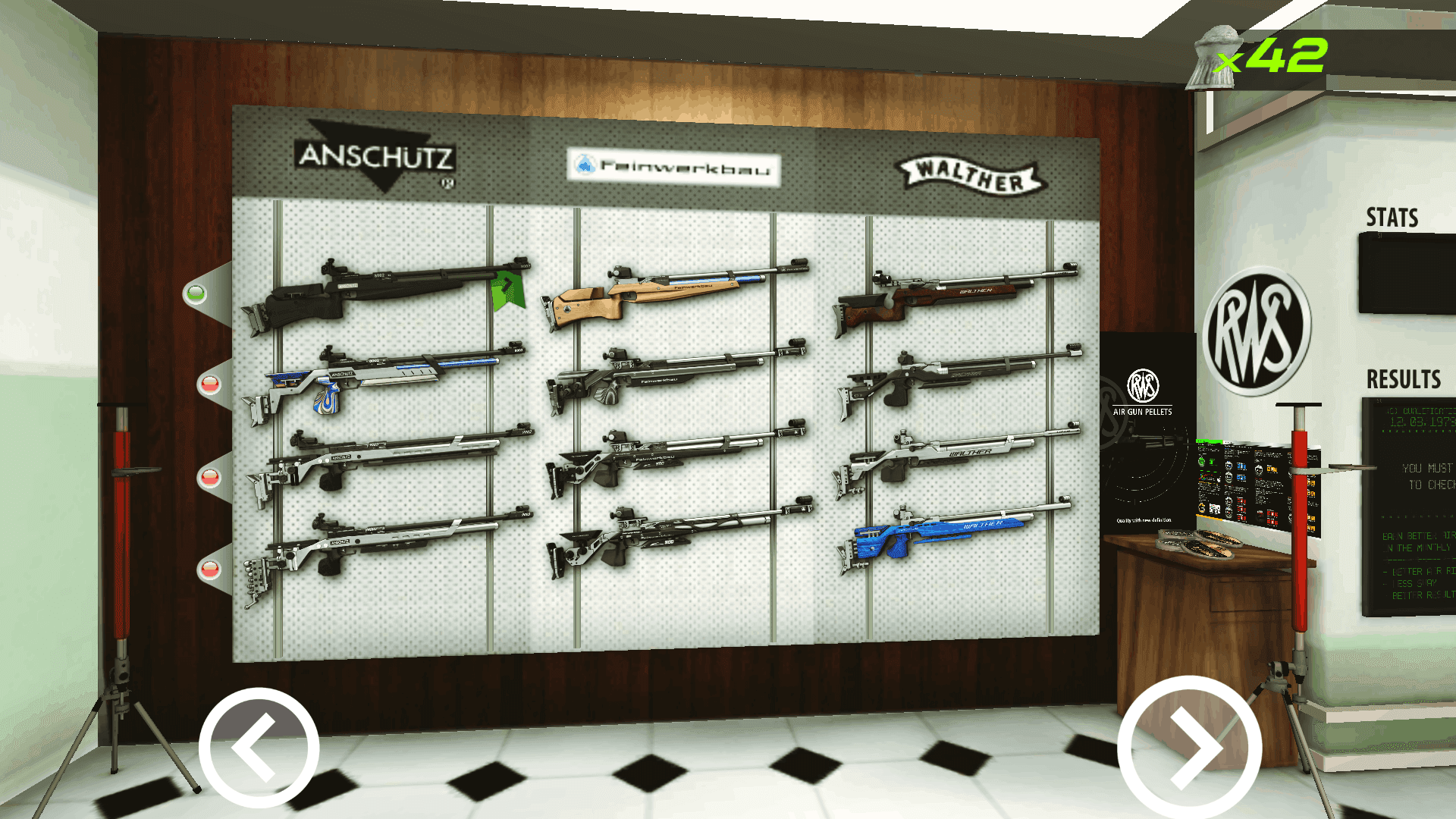 Die auswählbaren Luftgewehre. Freigeschaltet werden sie von oben nach unten.
