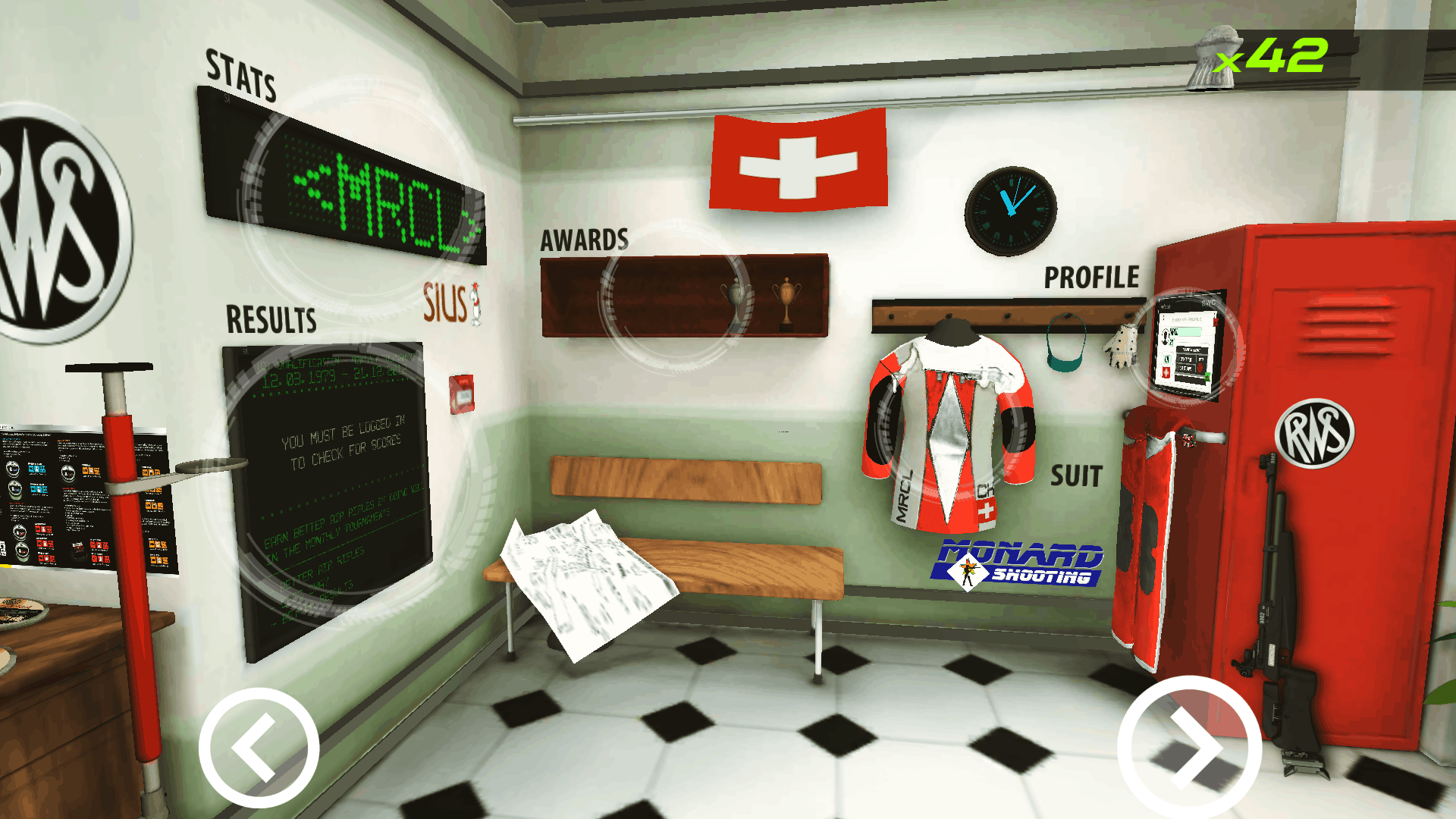 Das Hauptmenü zum ersten: Statistiken, Resultate, Trophäen, das Spielerprofil und die Schiessjacke können eingesehen und gegebenenfalls verändert werden.