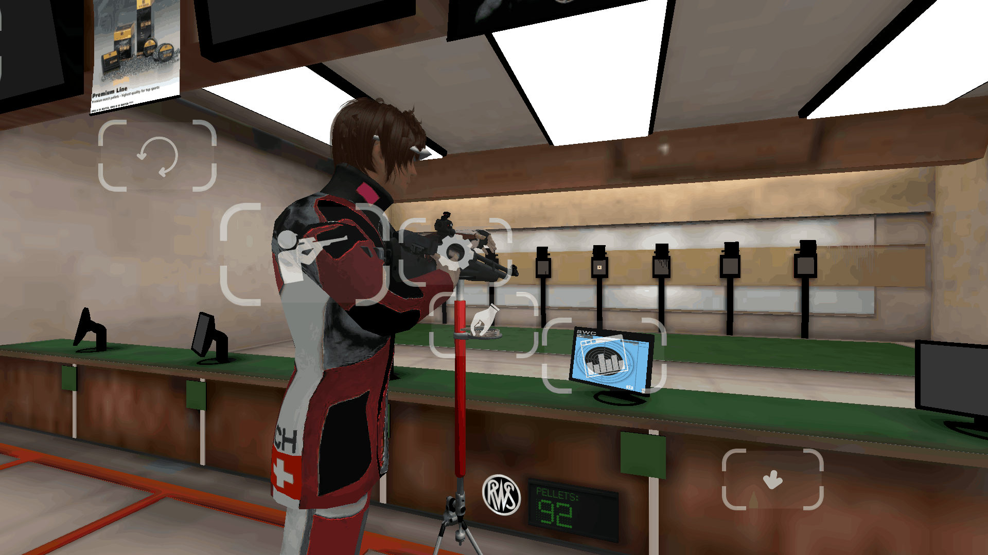 So siehts auf der Schiessanlage aus. Die Auswahlfelder von links nach rechts: Spiel neu starten, Schiessen, Dioptereinstellungen, Laden, Trefferauswertung, übersicht. Die verbleibenden Pellets werden auch angezeigt.
