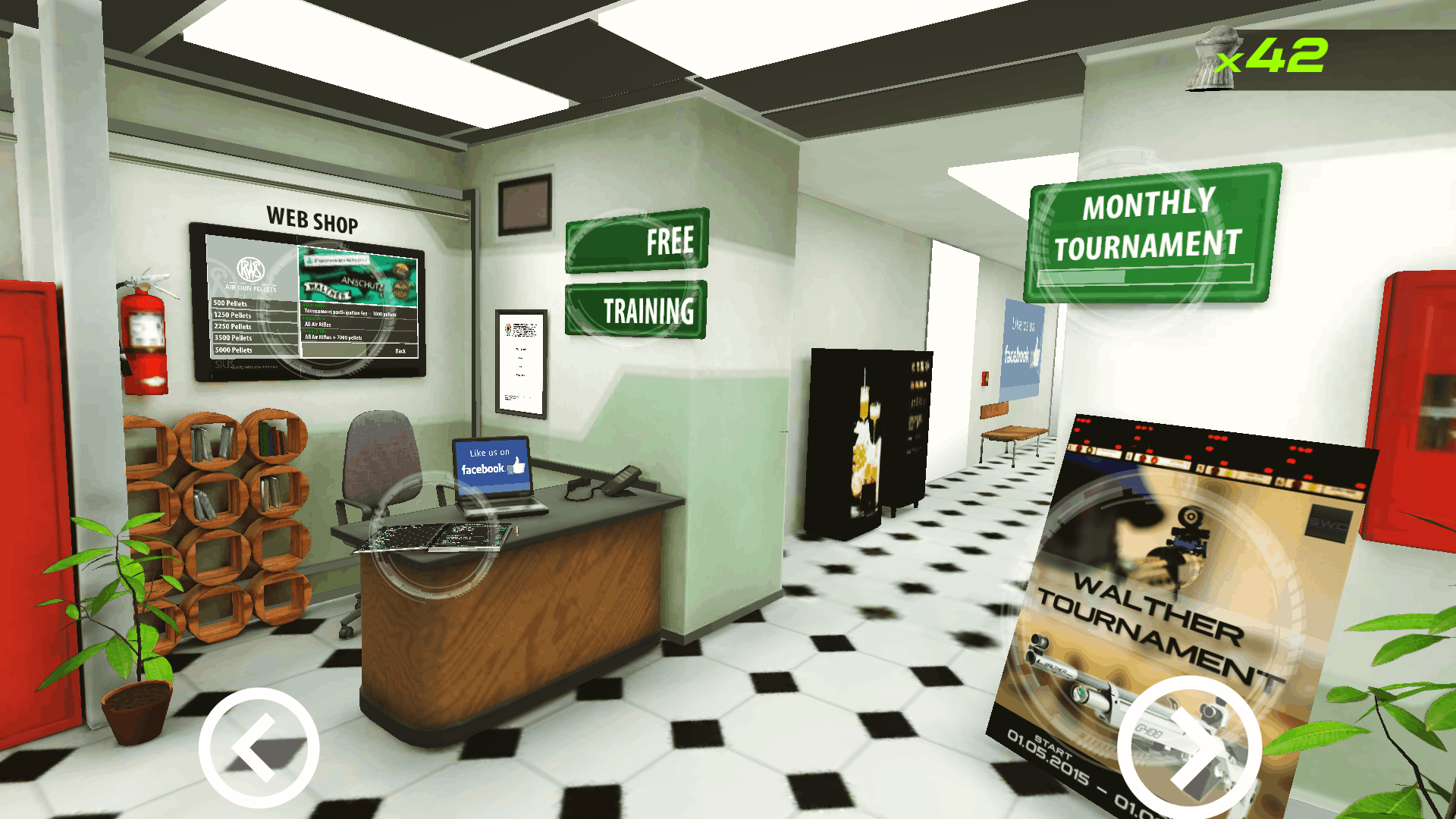 Das Hauptmenü zum zweiten: Hier kann man Pellets und Lizenzen kaufen, Schiessverbände und Toplisten einsehen, sich im monatlischen und im Walther Wettkampf messen oder ein Training beginnen.