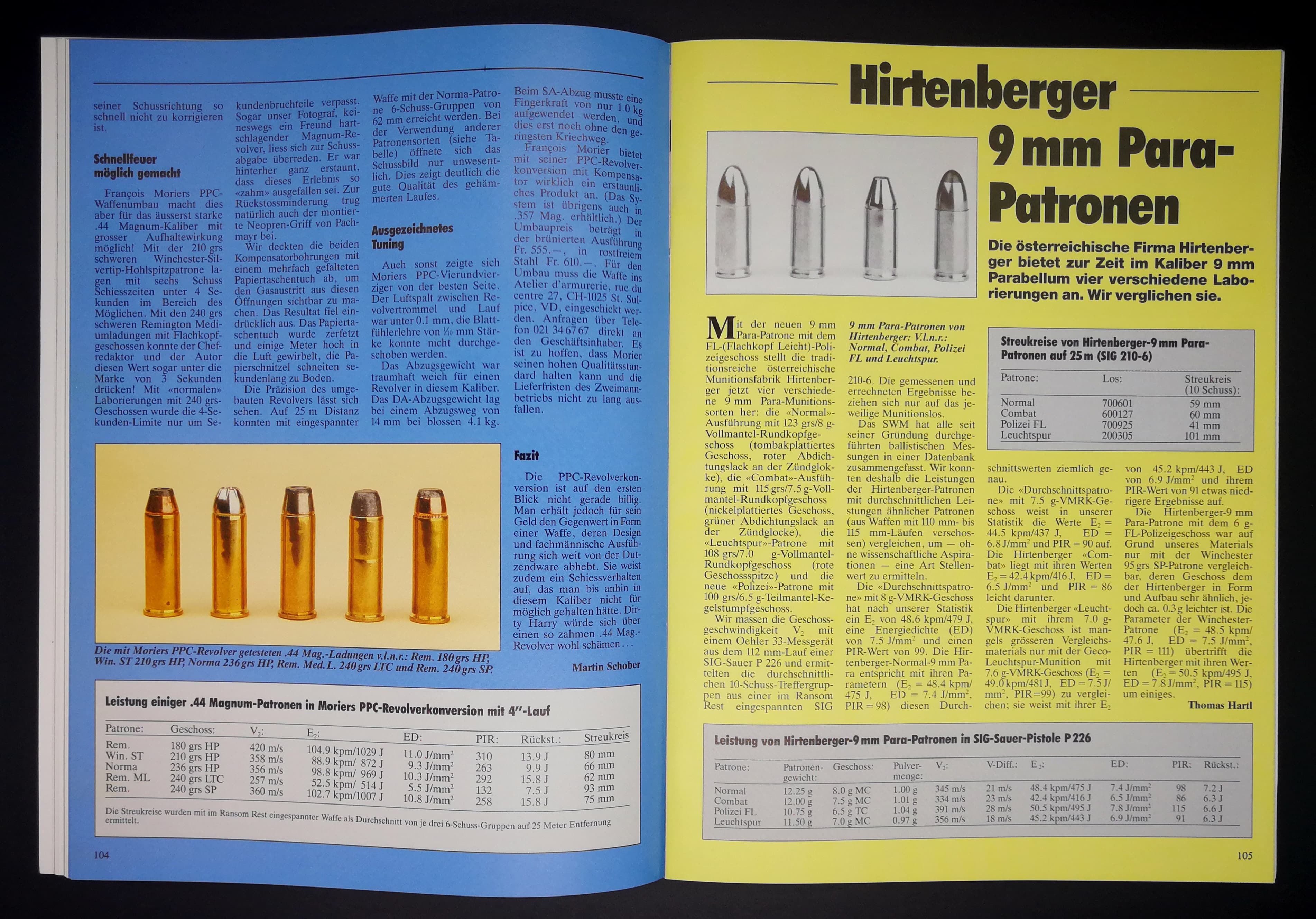 S&W 29 in 44 Magnum mit ballistischen Daten. Rechts österreiche 9mm-Ladungen.
