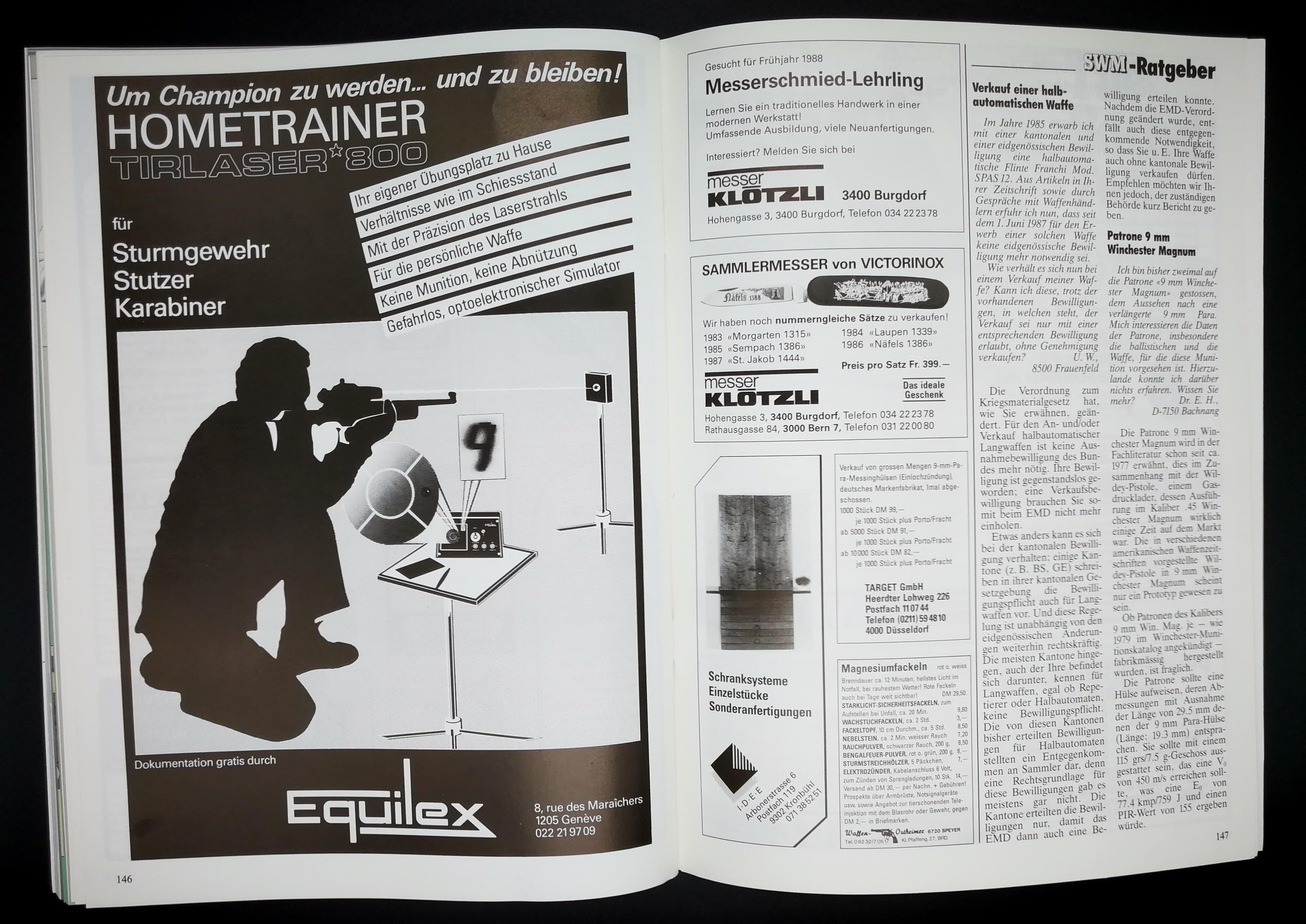 Leserbriefe neben der grossflächigen Werbung vom heutzutage unbekannten Trilaser 800 von Equilex. In den Briefen fragt jemand, ob er für den Verkauf seiner SPAS12 eine BEwilligung braucht. Eine SPAS12 verkauft man doch nicht...
