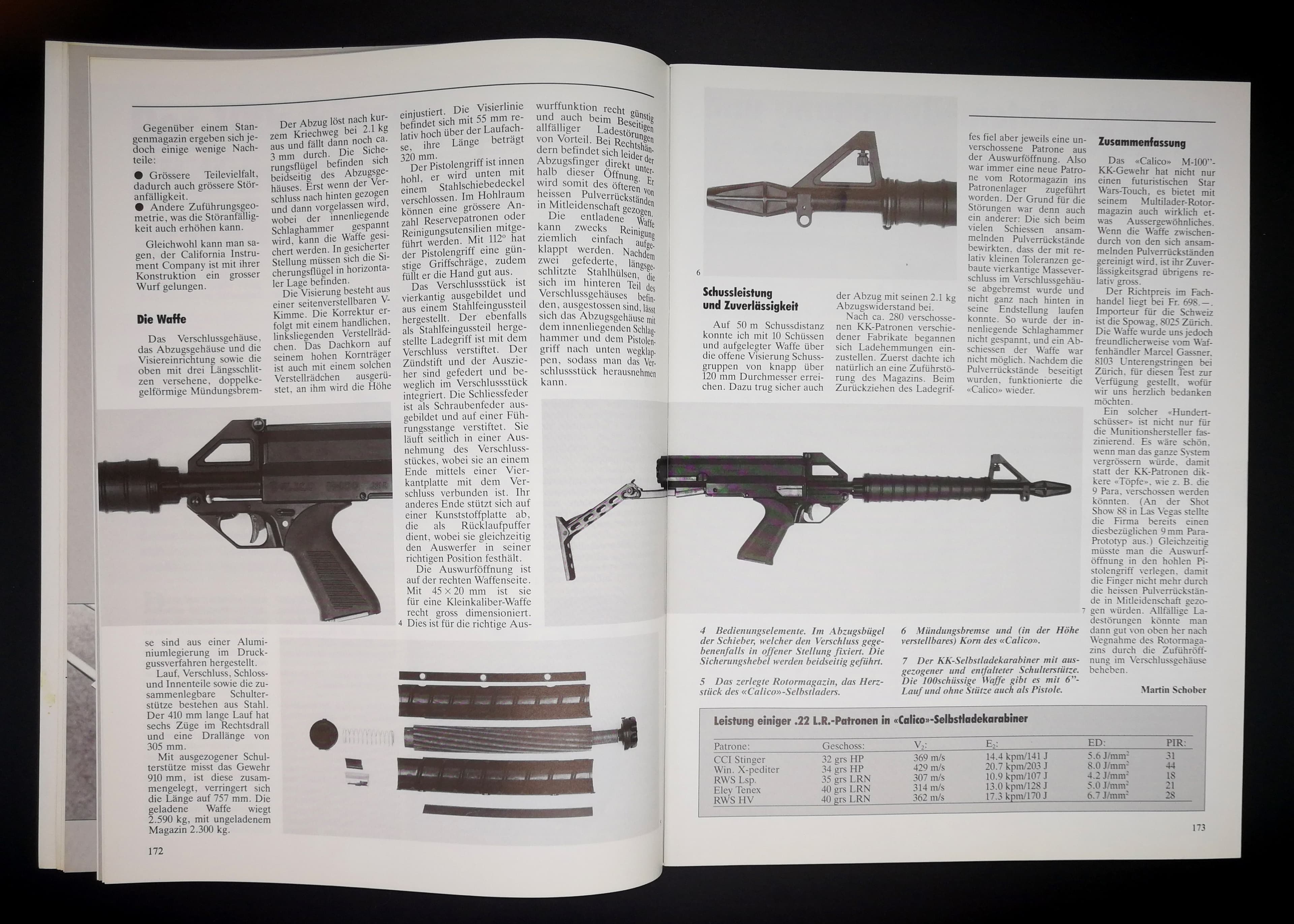 Die Calico 100, mit ihrem namensgebenden 100-Schuss-Zylindermagazin. Die Idee liess aufhorchen, das Konzept ging aber nicht so wirklich auf. Der SWM-Redakteur schien aber weniger Probleme damit zu haben.
