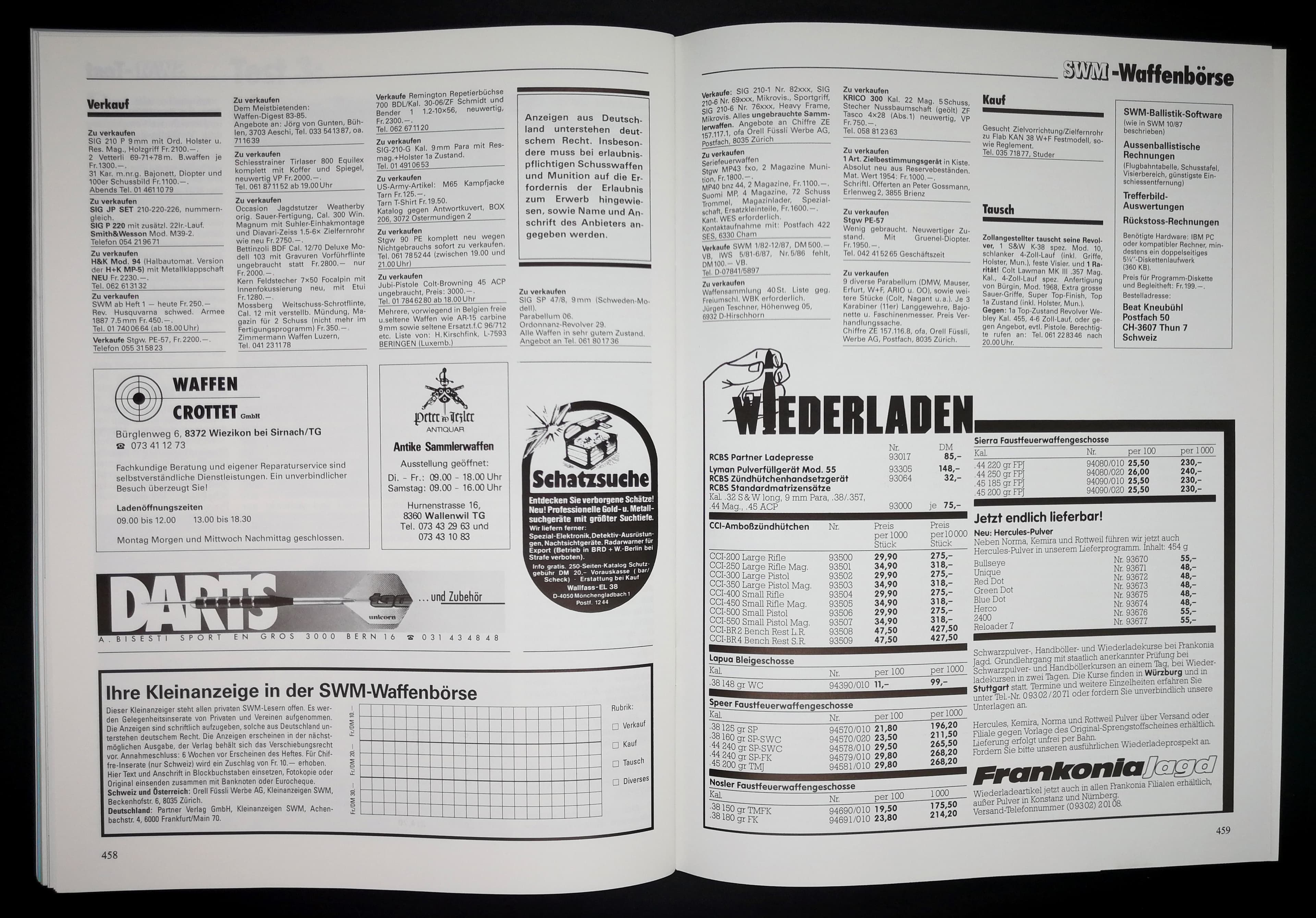 Wer die anderen SWM-Vorstellungen bereits gelesen hat, wird über die Trilaser-Werbung gestolpert sein. Hier wird eine Anlage zum Verkauf angeboten, für läppische 2000 Franken...Zudem: Sechs Jahrgänge SWM für nur 500 Deutsche Mark! Die SIG PE-57 haben auch gesalzene Preise. Auch wird ein Ballistikprogramm für IBM PCs angeboten - ja, das gabs in 1988!
