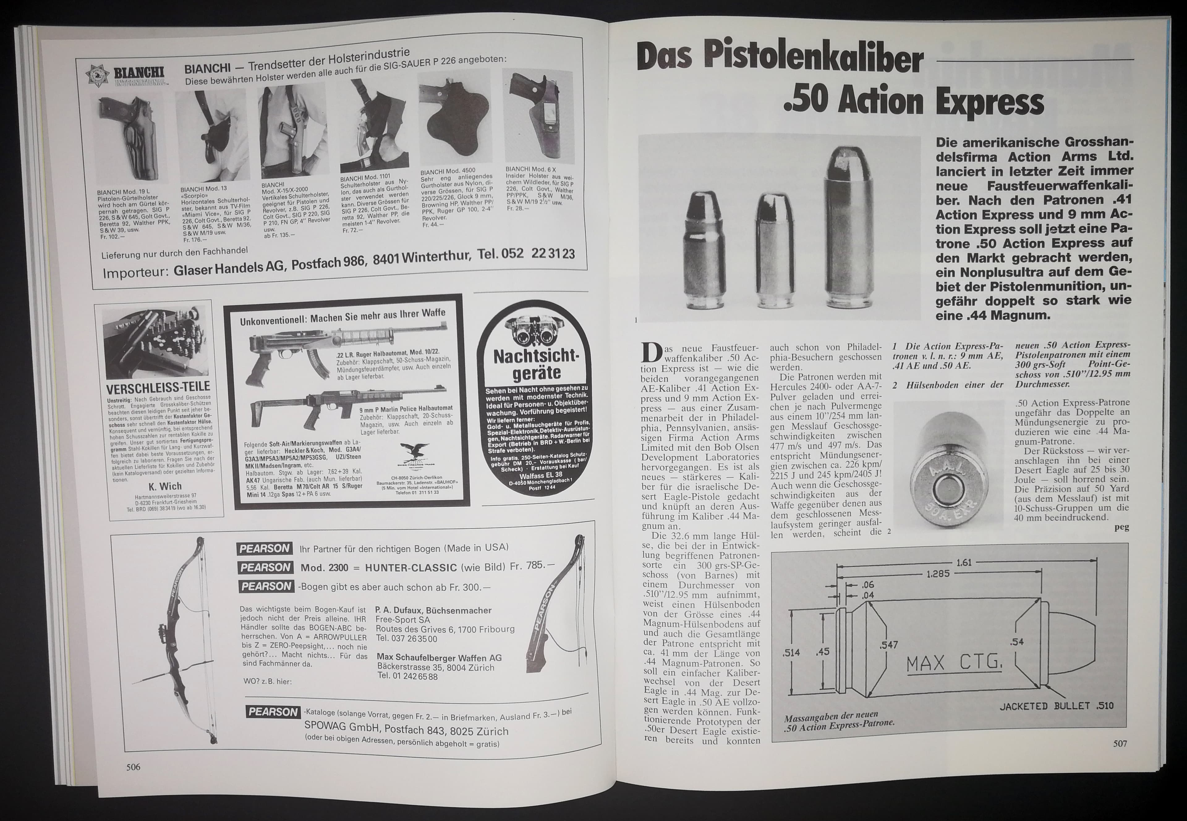 .50AE war damals noch neu! Links: Schaftsysteme für Ruger 10/22 gabs schon damals.
