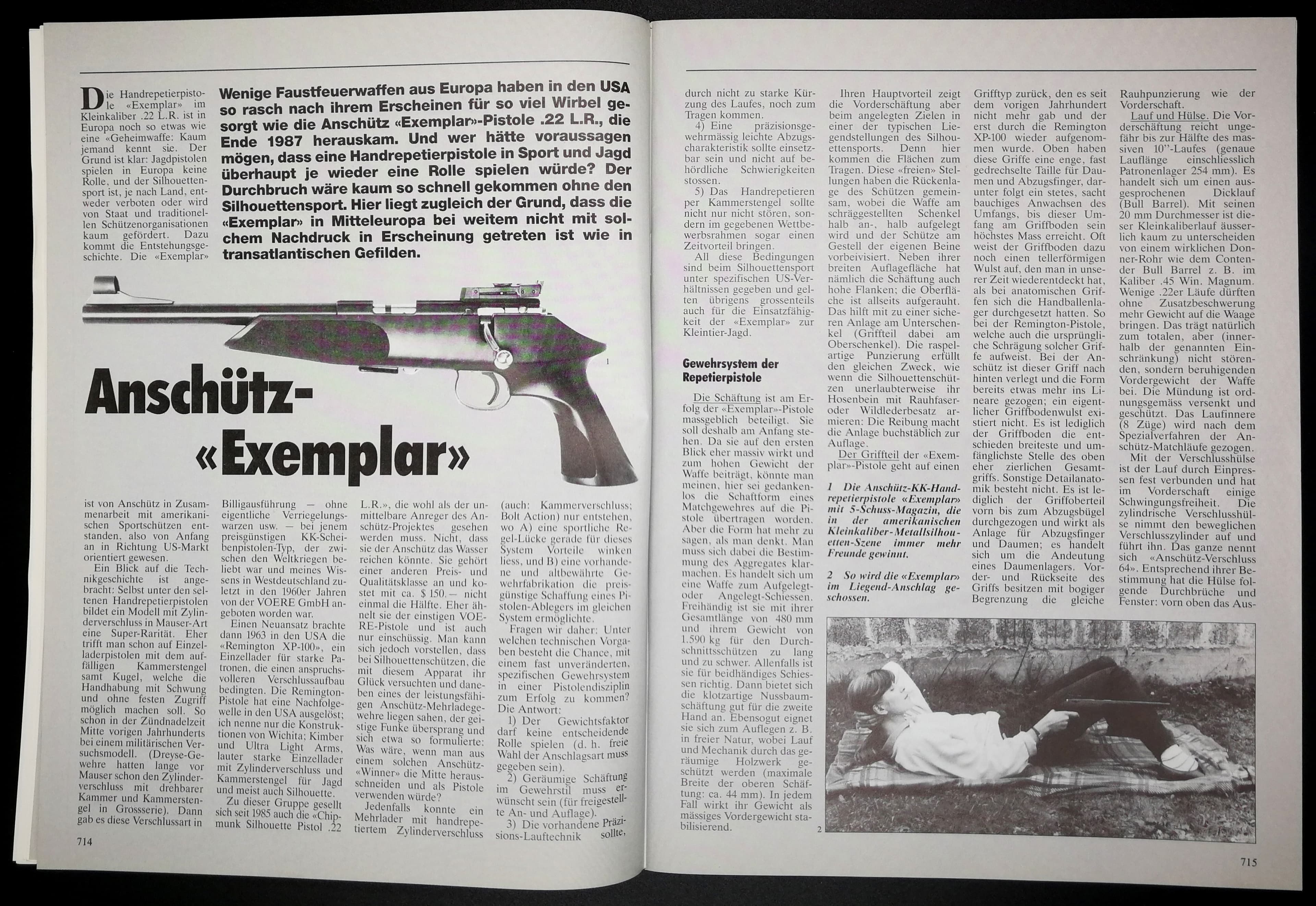 Es folgt ein längerer Artikel über die Handrepetierpistole Anschütz Exemplar. Die Dame unten ist mitnichten müde; So sieht der Liegendanschlag damit aus...
