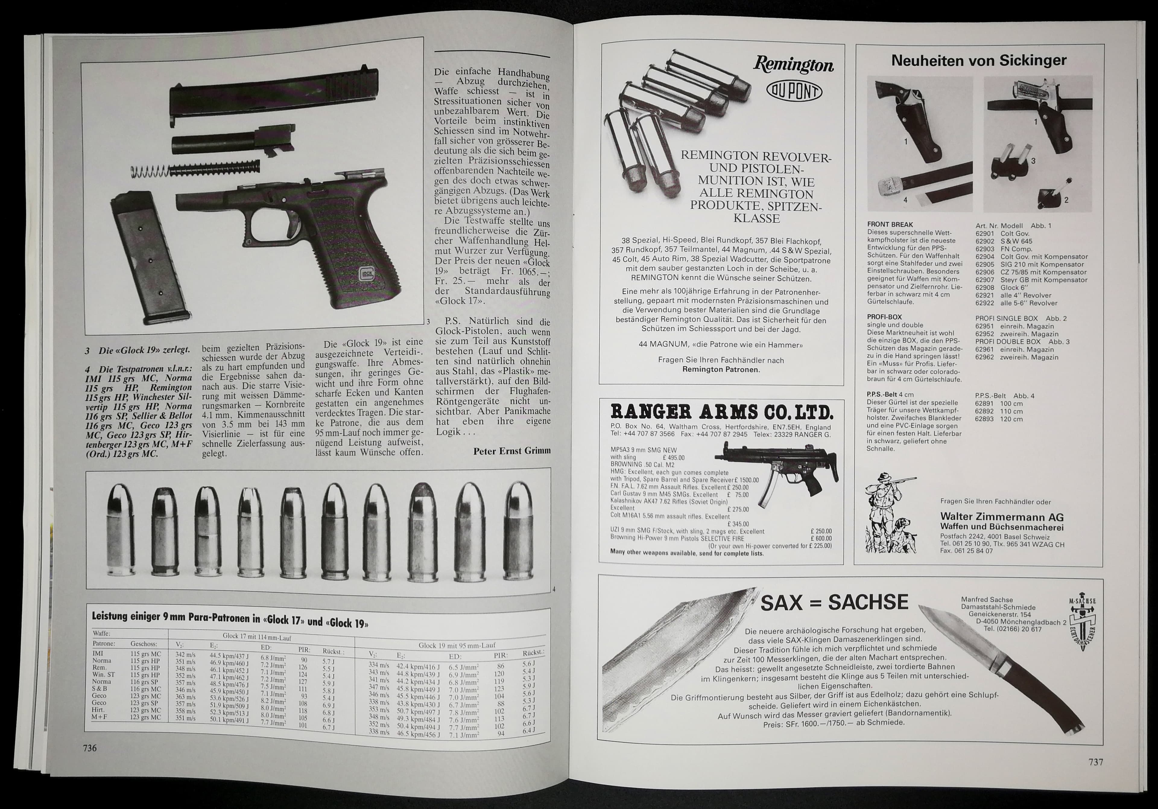 Links: Die "neue" Glock 19 zerlegt, mit etwas ballistischen Daten. Rechts eine Werbung aus angelsächsischen Gefilden.
