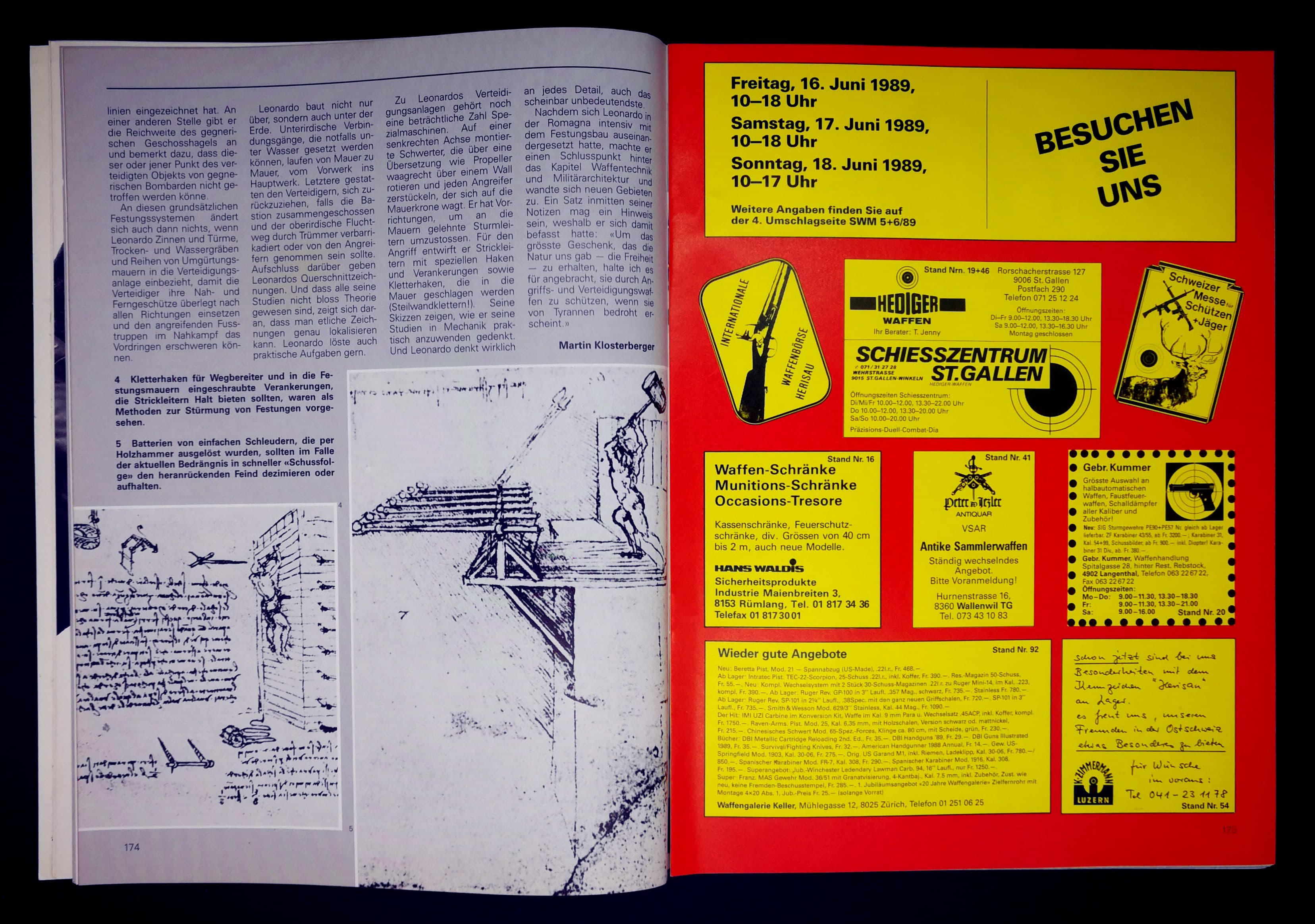 Links Zeichnungen und Skizzen von Leonardo da Vinci, rechts Werbung für das Schiesszentrum St. Gallen.
