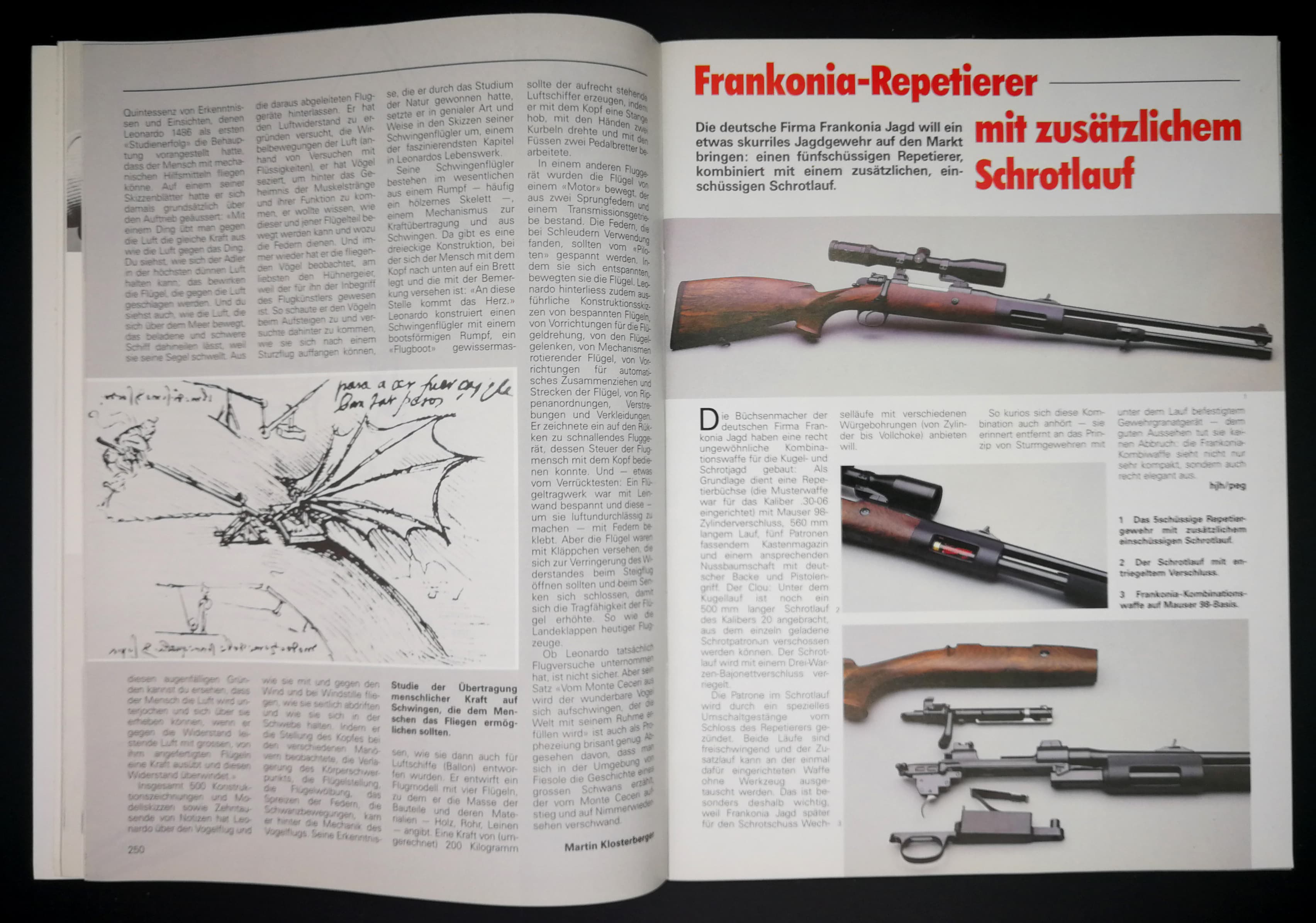 Links eine Skizze von Leonardo da Vinci, rechts ein interessanter Hybrid aus Repetierer und Schrotflinte.
