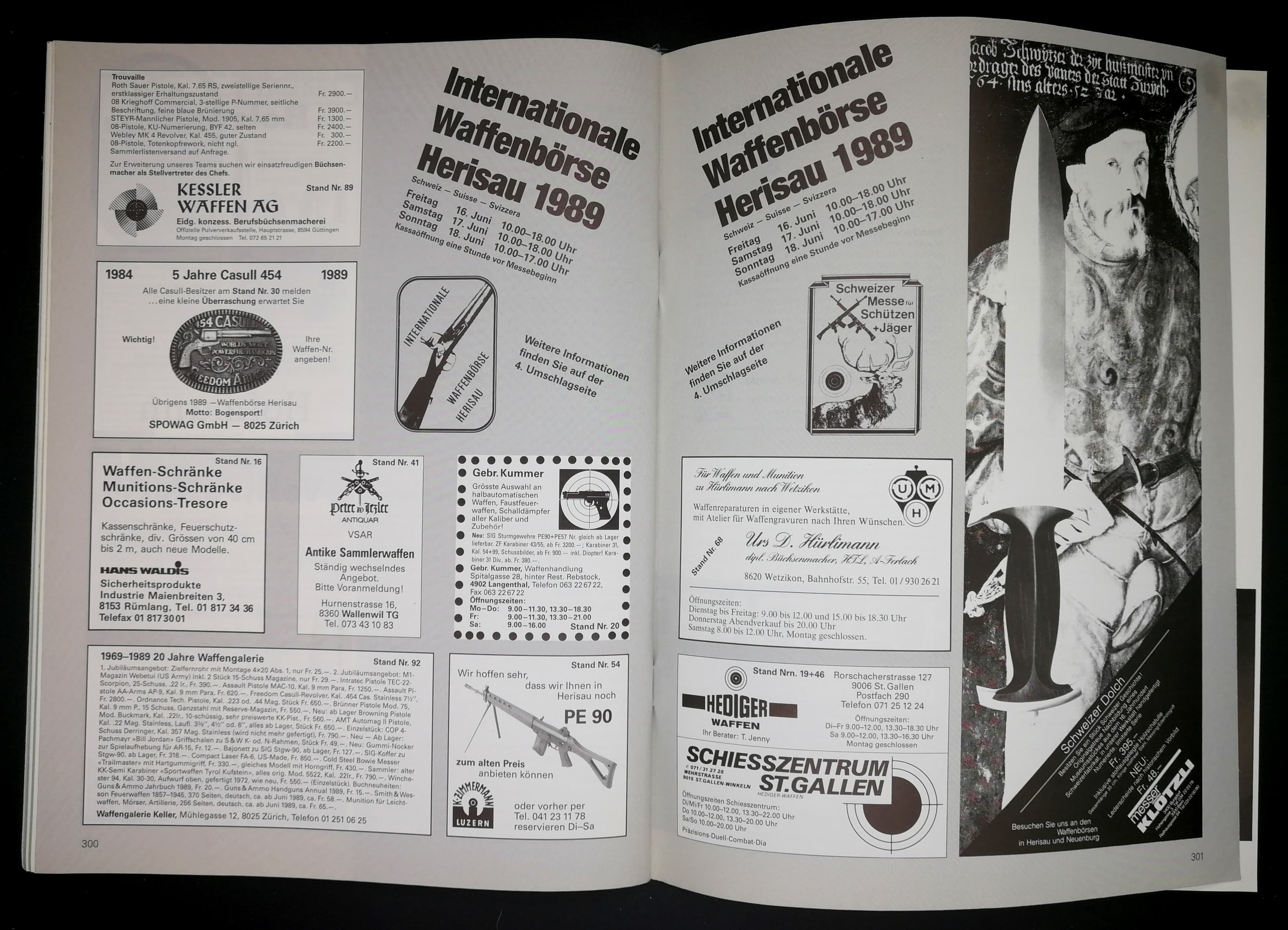 Anzeige für die Waffenbörse Herisau. Der Schweizerdolch hier ist ironischerweise/traurigerweise nurmehr noch mit Sonderbewilligung zu kriegen, da symmetrische Klinge...
