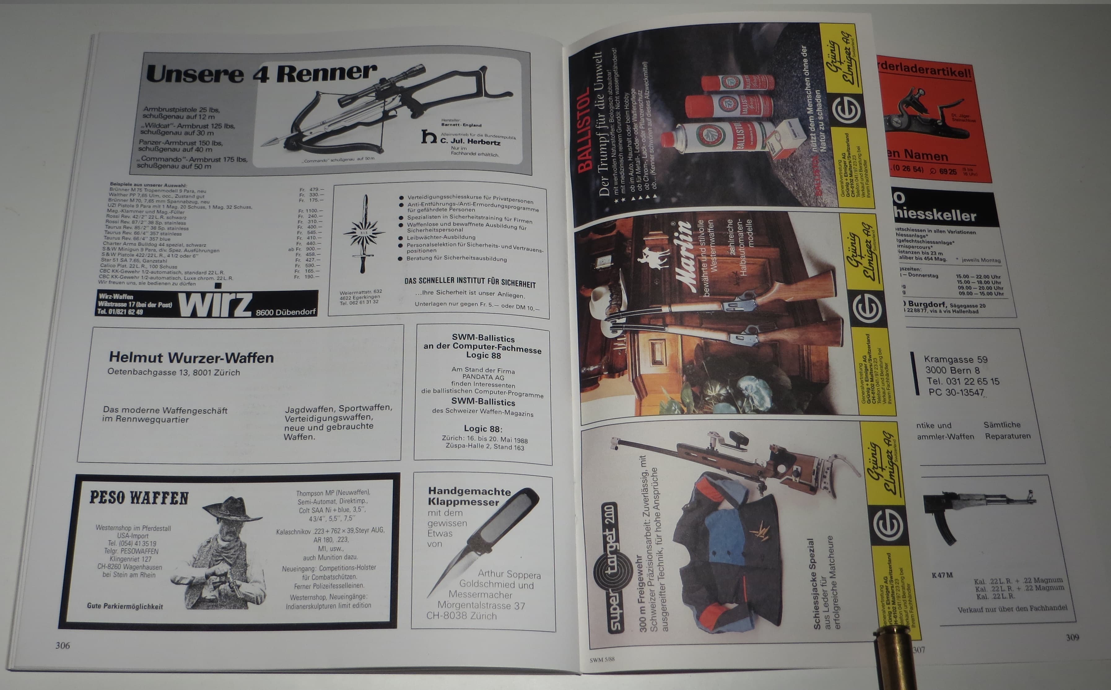 SWM-Ballistics? Computer-Fachmesse? In der Tat, es gab 1988 schon Ballistiksoftware für IBM PCs - vom SWM! Und Grünig Elmiger mochte es wohl, Werbung wie Sammelkarten aussehen zu lassen.
