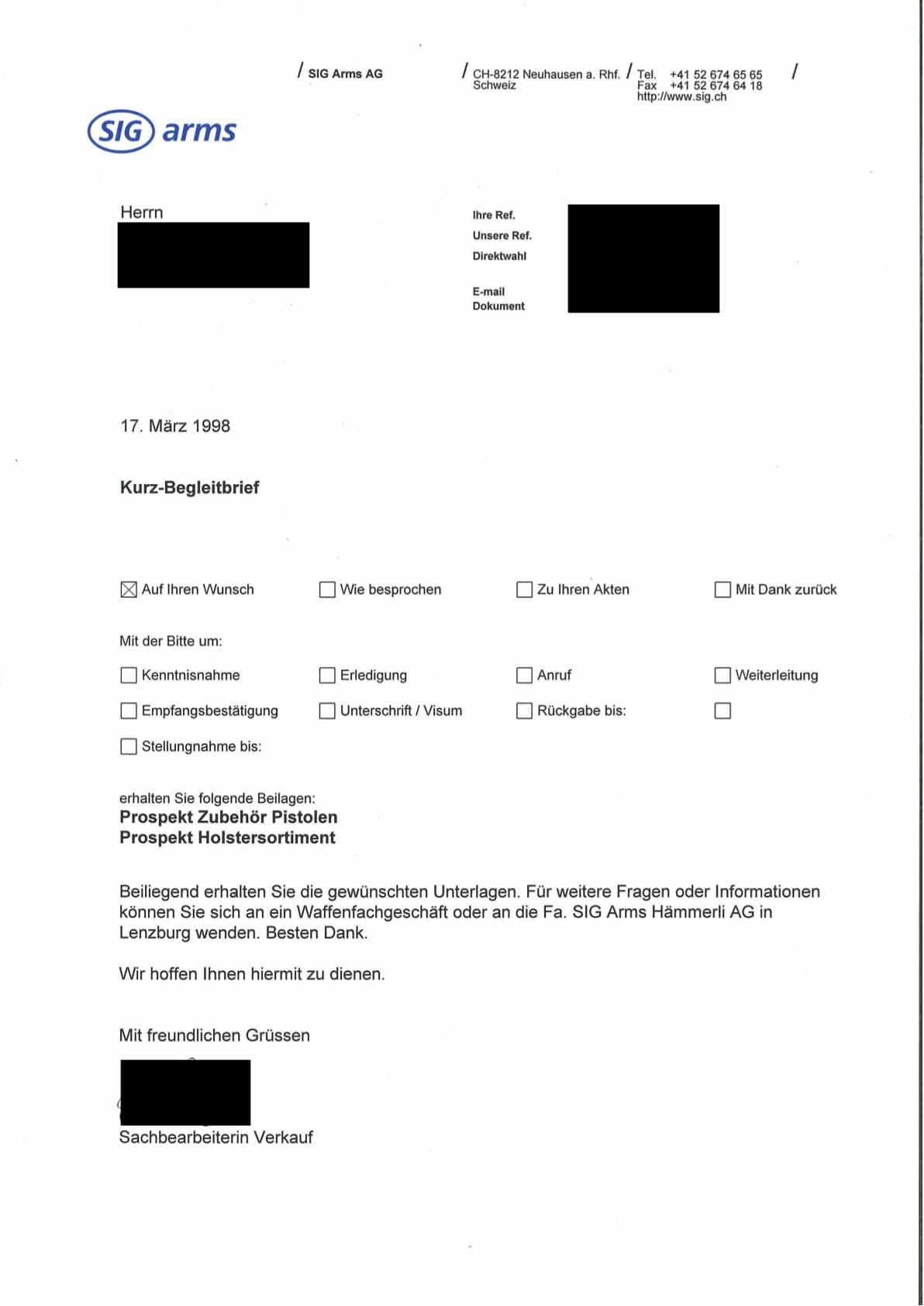 SIG Begleitbrief Prospektsendung