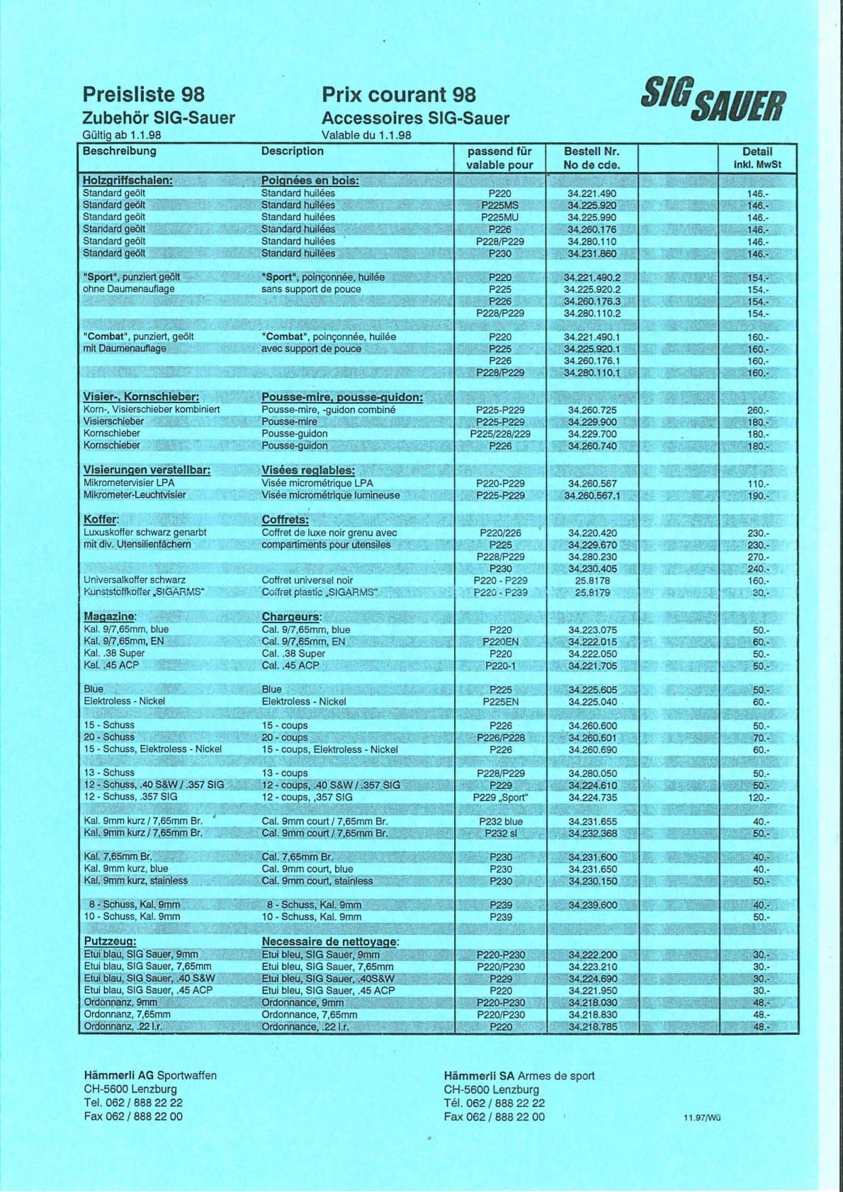 SIG Sauer Preisliste Pistolen und Zubehör 1998
